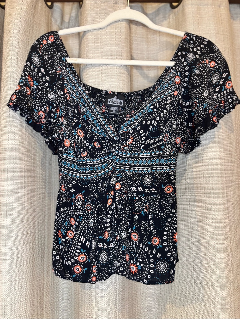 Angie Boho Mixed Print Flutter Sleeve Twist Front Peplum Top - Size L